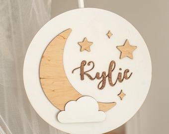 Baby Moon Name Sign, Crescent Moon Decor, Nursery Round Wood Name Sign,  Above Bed Decor, Christmas Present, Expecting Mom Gift