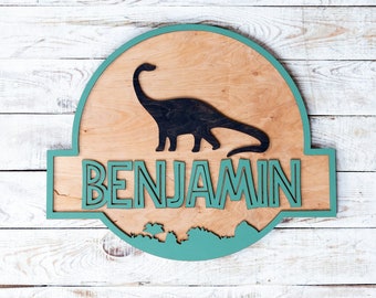Dinosaur Theme Name Sign Nursery name sign for boys Jurassic period sign Kids Bedroom Wooden Door Hanger boys name sign Round wood name sign