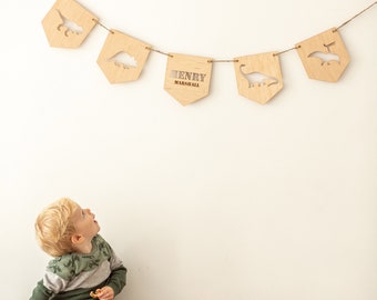 Wooden Dinosaur Garland, Nursery Jungle Dinosaur Theme Wall Decor, Gaming Room Decor, Dinosaur Baby Shower Decor