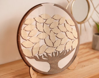 Libro degli ospiti di nozze, albero di legno con gocce di foglie, decorazioni di nozze personalizzate, libro degli ospiti in legno