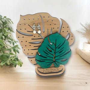 Monstera Leaf Earring Display Stand: Cherry Plywood Jewelry Organizer