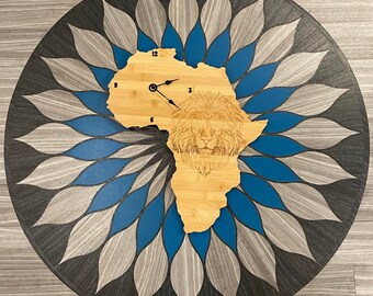 Engraved Lion Head On Africa Continent | Africa Clock | Africa Arts | Africa Wall Decor | Africa Bamboo Art| Clock Decor | Eco-Friendly Arts