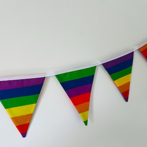 May include: A rainbow-striped bunting banner with triangular flags. Each flag features horizontal stripes in rainbow colours: red, orange, yellow, green, blue, and purple. The flags are attached to a white ribbon.