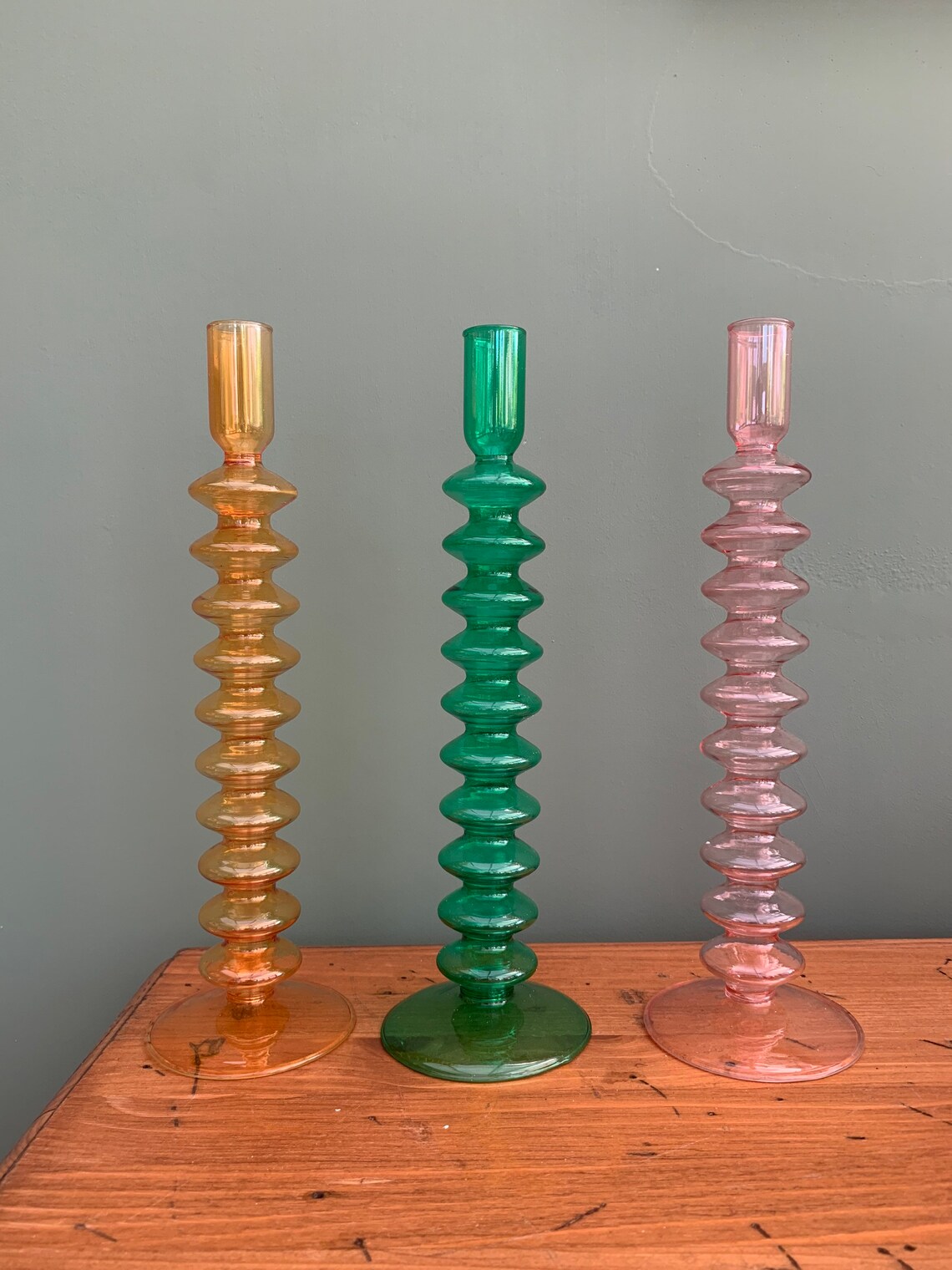 Delicate hand blown glass retro candle stick holders Etsy