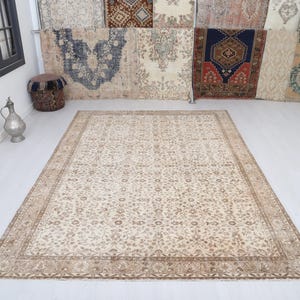 7x10 Vintage Turkish Oushak Rug: Faded Pastel Wool Cotton Blend