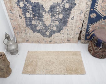 Vintage Turkish Doormat Rug: Wool & Cotton Entryway Rug (3.5 x 1.7 ft)