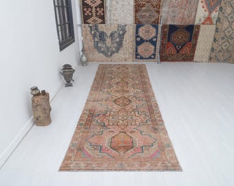 Vintage Oushak Runner Rug: 4x12 Turkish Wool & Cotton Hallway Rug