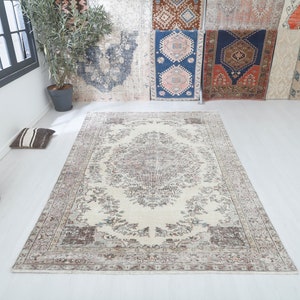 Handmade Oushak Turkish Rug 6x9: Beige Brown Vintage Wool