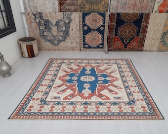 Dywan turecki w stylu vintage Oushak: stonowany dywan z wełny anatolijskiej (6,6 x 6,7 stopy)