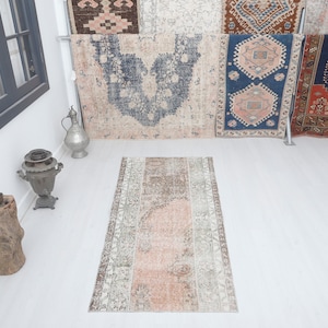 Vintage Oushak Runner Rug: 3x6 Turkish Wool Runner