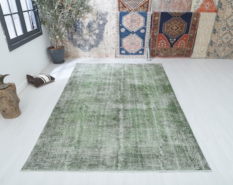 6x9 Handwoven Green Oushak Rug: Vintage Turkish Wool Area Rug