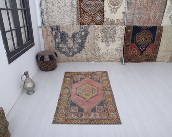 Tapis dinde délavée, mélange de laine et coton 3 x 6, tapis bohème anatolien