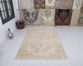 5x7 Handknotted Oushak Rug: Vintage Turkish Wool Area Rug