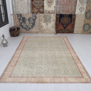 7x10 Vintage Turkish Oushak Rug: Muted Colors, Handmade Wool & Cotton