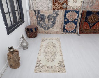 Vintage Oushak Runner Rug, Turkish Wool & Cotton, 2x5