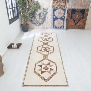 Handmade Oushak Wool Runner Rug: 3x10 Vintage Turkish Design