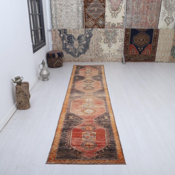 Vintage Oushak Runner Rug, Turkish Hallway Rug, 3x13