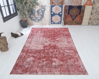 Alfombra Oushak vintage de 6x9, alfombra turca roja apagada, mezcla de lana y algodón