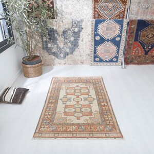 Vintage Wool Oushak Rug: 3x5 Colorful Turkish Rug