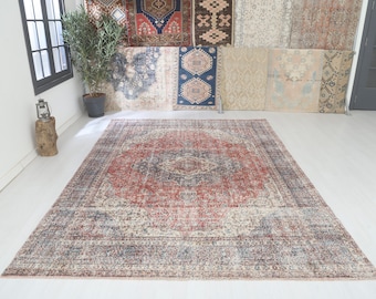 Handmade Oushak Rug 8x11: Vintage Turkish Wool Anatolian Rug