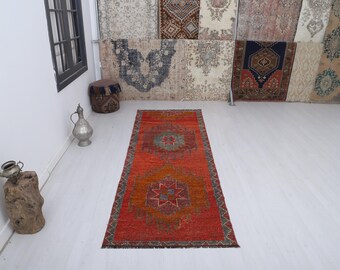 3x9 Vintage Turkish Oushak Runner Rug, Wool Cotton Blend