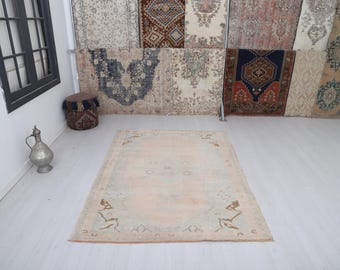 Muted Oushak Rug 5x7, Vintage Turkish Wool Anatolian Rug