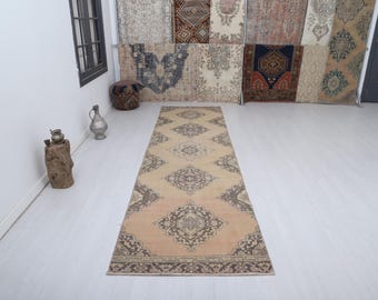Vintage Turkish Oushak Runner Rug: 3x12 Wool Hallway Rug