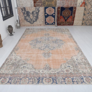 Handmade Oversize Wool Oushak Rug: 7x12 Vintage Turkish Anatolian Rug