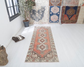 Vintage Oushak loper: vloerkleed Turkse wol en katoenpastel 3 x 8