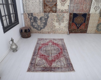 Vintage Oushak-wollen vloerkleed 4 x 6, handgemaakt Turks tapijt