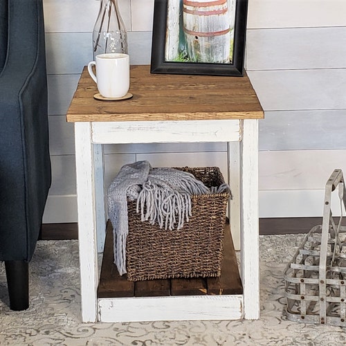 Rustic Farmhouse End Table With Storage Shelf Distressed Etsy