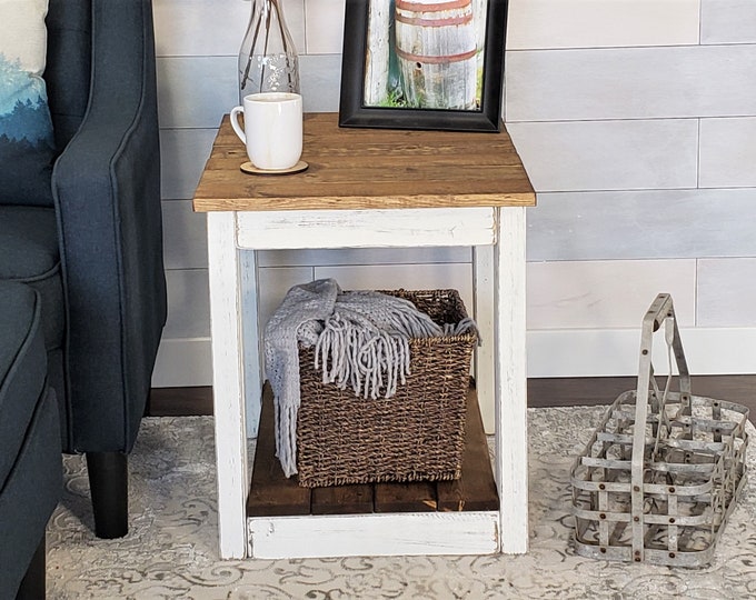 Rustic Farmhouse End Table With Storage Shelf Distressed Etsy