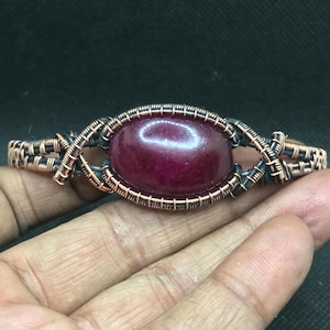 Handmade Kashmiri Ruby Bracelet Copper Wire Wrapped Cuff Bracelet Ruby Bracelet Bohemian Accessory July Birthstone Gift Birthday Present