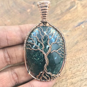 Moss Agate Tree of Life Pendant: Handmade Copper Wire Jewelry