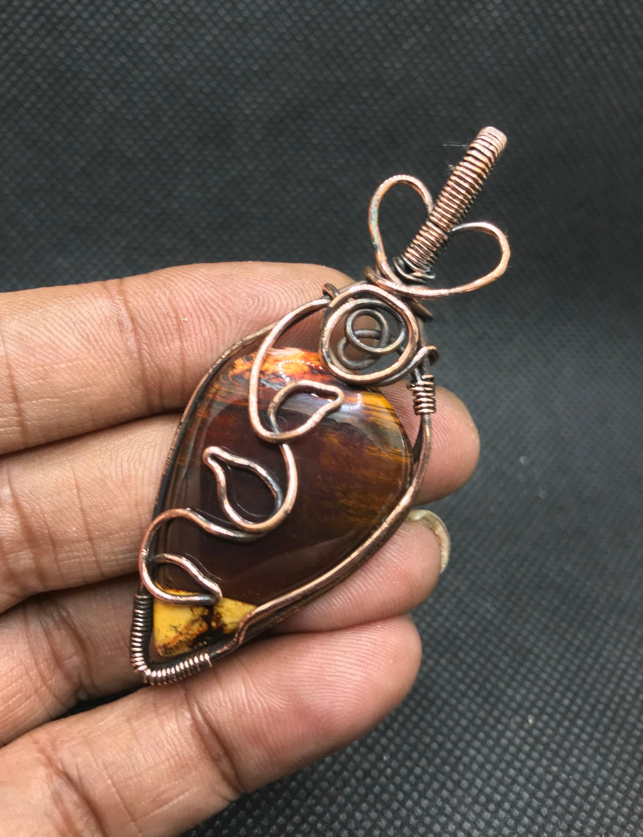 Handmade Jasper Pendant Necklace: Oxidized Copper Wire Wrapped