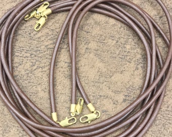 Top Quality Natural Brown Leather Cord With Brass Lobster Clasps, 7" TO 22" Handmade Leather Cord  For Necklace, 4mm Thick Cord for Gift