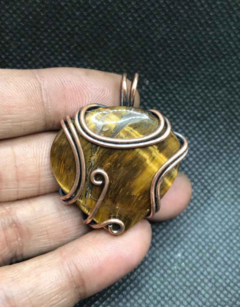 Tigers Eye Gemstone Copper Pendant, Handmade Wire Wrapped Natural