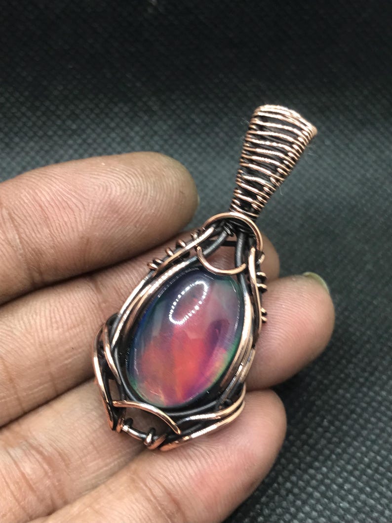 Aurora Opal in Antique Copper Wire Wrapped Pendant, Handmade Aurora