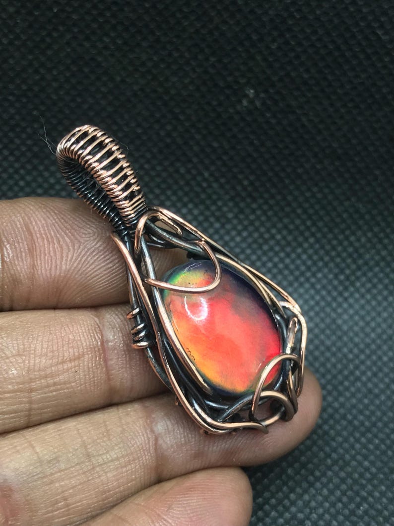 Aurora Opal in Antique Copper Wire Wrapped Pendant, Handmade Aurora