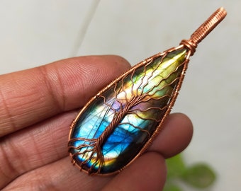 Double Labradorite Swirl Pendant in Copper