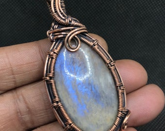 Copper Wire Wrapped Sunstone Moonstone Pendant: Handmade Crystal Necklace