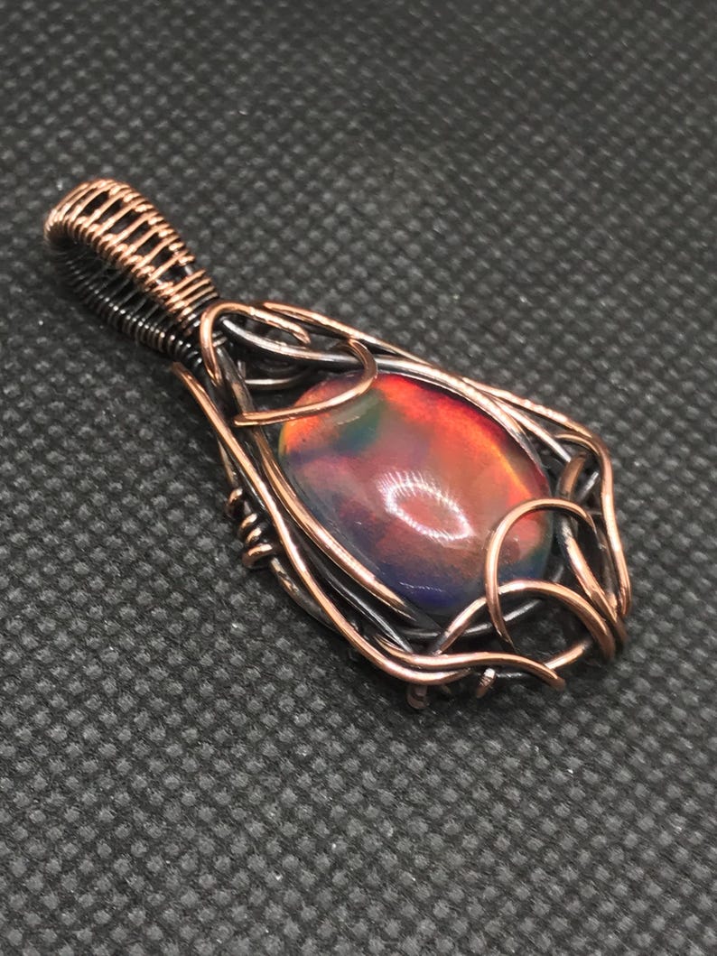 Aurora Opal in Antique Copper Wire Wrapped Pendant, Handmade Aurora