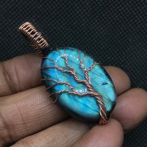 Labradorite Tree of Life Copper Pendant, Wire Wrap Labradorite Necklace, Blue Labradorite Copper Pendant,  Handmade Fashion Jewelry