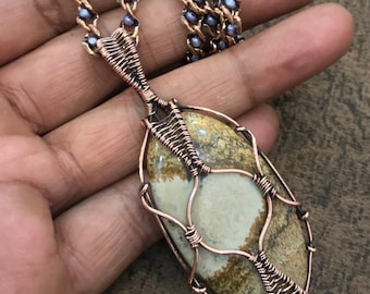 Handmade Picture Jasper Pendant Necklace: Antique Copper Wire Wrapped Talisman