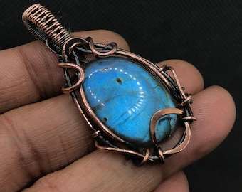 Blue Labradorite Cabochon Pendant: Oxidized Copper Wire Wrapped Jewelry
