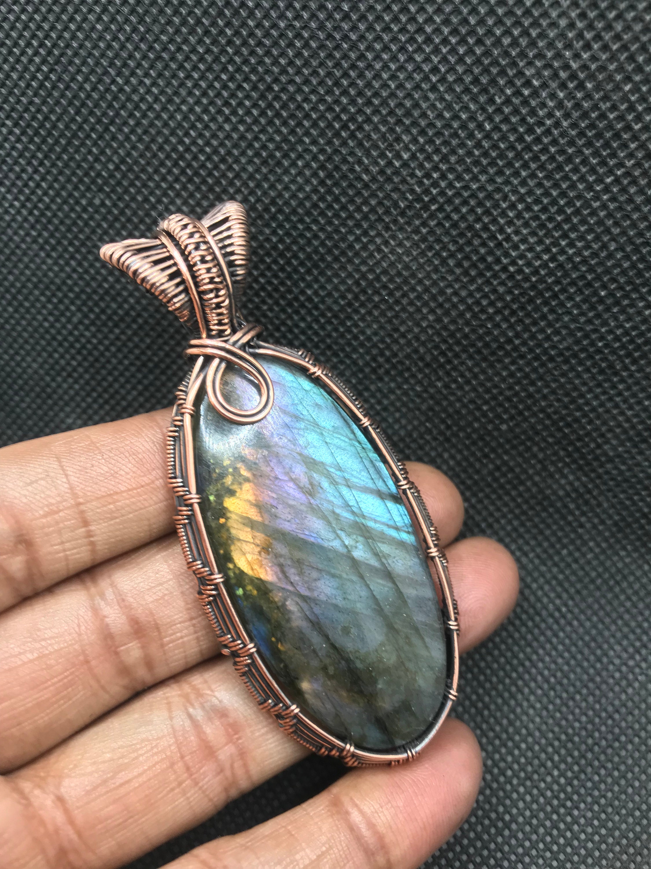 Handmade Spectrolite Labradorite Pendant: Oxidized Copper Wire Wrapped Talisman