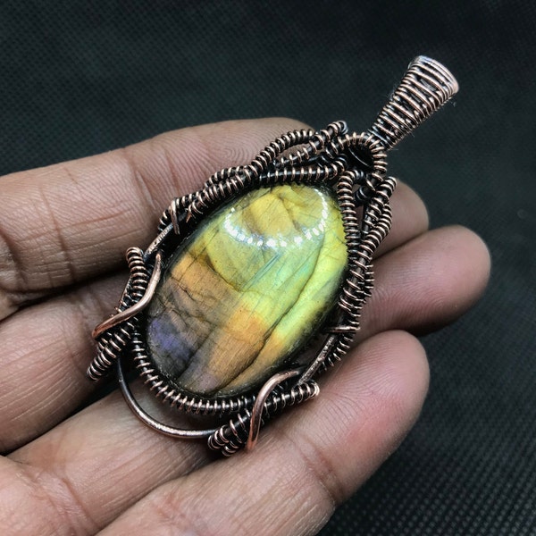 Unique Handmade Talisman Healing Necklace Pendant With Genuine Flashy Spectrolite Labradorite Gemstone In Antique Oxidized Copper Wire Wrap