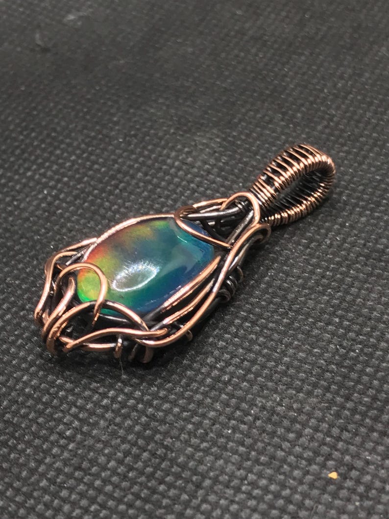 Aurora Opal in Antique Copper Wire Wrapped Pendant, Handmade Aurora