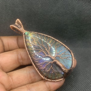 Rainbow Labradorite Copper Tree of Life Pendant Necklace