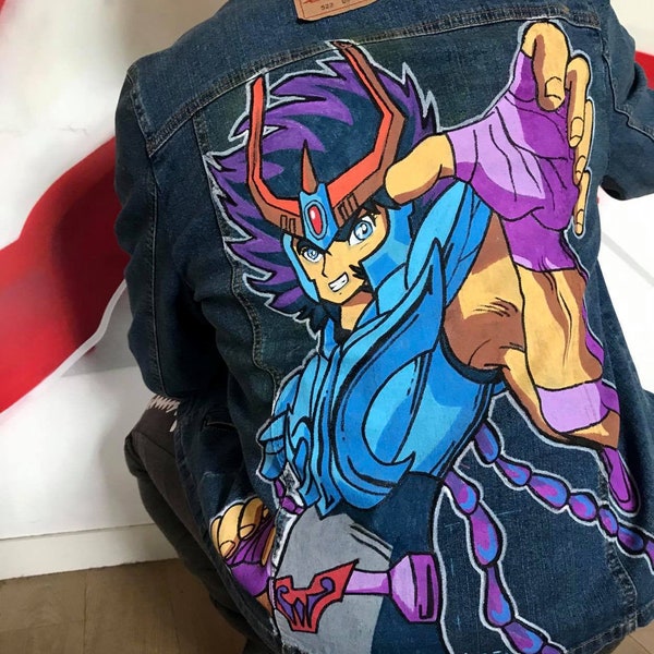 Veste en Jeans denim coupe unisexe, unique peinte à la main - Ikki du Phoenix, Chevalier du Zodiaque